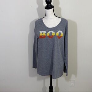 Gray Long Sleeve Top with Colorful 'BOO' Design